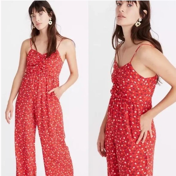 Madewell Pants - Madewell Ruched Wide-Leg Jumpsuit Prairie Posies Red Size 6